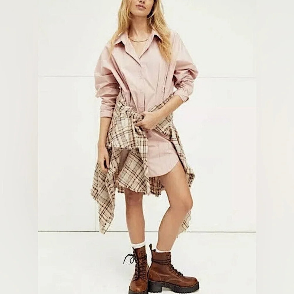 Free People Taia Oversized Button Down Mini Shirt Dress Pink Size L